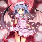  ascot bad_id bad_pixiv_id bat_wings blue_hair blush bow brooch curtsey danmaku dress full_moon hat highres jewelry large_wings moon rasahan red_eyes red_moon remilia_scarlet ribbon short_hair skirt skirt_hold smile solo touhou wings wrist_cuffs 