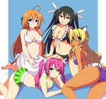  animal_ears bikini bikini_skirt black_hair blonde_hair blue_eyes cat_ears dark_skin green_eyes konoe_subaru kyoku_tou mayo_chiki! multiple_girls narumi_nakuru orange_hair pink_hair red_eyes sarong suzutsuki_kanade swimsuit twintails two_side_up usami_masamune white_sarong 