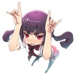  \n/ ao_no_exorcist bad_id bad_pixiv_id blush bow breasts eyebrows face flustered foreshortening hand_gesture hands kamiki_izumo nukomasu pleated_skirt purple_hair red_eyes ribbon school_uniform short_eyebrows skirt small_breasts solo striped striped_ribbon thighhighs twintails 