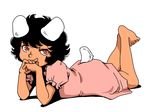  animal_ears bare_legs barefoot black_hair bunny_ears bunny_tail covering_mouth dress face inaba_tewi legs_up lying on_stomach onikobe_rin pink_dress red_eyes short_hair solo tail toes touhou 