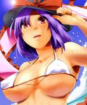  armpits bikini_top breasts covered_nipples hat highres large_breasts lens_flare nagae_iku purple_hair red_eyes short_hair solo string_bikini touhou umakatsuhai upper_body wet 