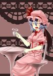 bad_id bad_pixiv_id blue_hair cup fang hat hati105 highres remilia_scarlet smile solo teacup touhou 