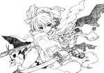  cape fighting_stance graphite_(medium) greyscale hairband katana konpaku_youmu monochrome one_knee pose short_hair solo sword tm touhou traditional_media weapon 