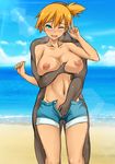  64_(xfour) bad_id bad_pixiv_id beach breast_grab breasts dark_skin dark_skinned_male denim denim_shorts faceless faceless_male fingering grabbing interracial kasumi_(pokemon) lactation large_breasts orange_hair pokemon pokemon_(anime) pokemon_(classic_anime) saliva short_hair shorts side_ponytail solo_focus topless v 