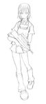  absurdres assault_rifle bullpup fn_f2000 full_body goggles goggles_around_neck greyscale gun hair_ornament hairclip highres leg_warmers lineart mary_janes misaka_imouto monochrome nikubanare older rifle shoes simple_background sketch skirt solo standing to_aru_kagaku_no_railgun to_aru_majutsu_no_index weapon white_background 