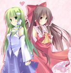  bad_id bad_pixiv_id bow brown_hair detached_sleeves frog green_eyes green_hair hair_bow hair_tubes hakurei_reimu highres kochiya_sanae long_hair mizuki_hau multiple_girls red_eyes skirt smile snake touhou 