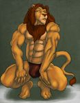  abs anthro balls biceps big_muscles brown_fur brown_hair bulge claws crouching feline fur hair knuxlight lion male mammal mane muscles pecs pose solo tan_fur toned topless trunks underwear yellow_eyes 