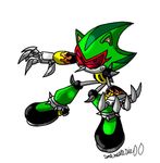  claws dantemustdie00 eyewear green green_body machine mechanical metal_scourge plain_background red_sclera robot sega solo sonic_(series) spikes sunglasses white_background 