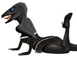  black blue_eyes breasts female gloves high_heels legwear lizard lying necklace on_front plain_background scalie solo stockings tongue tongue_out unknown_artist unknown_species white_background 