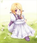  animal_ears blonde_hair bow dress flower holding holding_flower long_sleeves meago original petals puffy_sleeves purple_eyes scar sidelocks signature sitting smelling_flower solo vest 