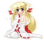  animal_ears bad_id bad_pixiv_id blonde_hair blue_eyes blush covering_mouth detached_sleeves flat_chest fox_ears fox_tail hair_ribbon japanese_clothes koyomi_(shinshia) miko nipples off_shoulder open_clothes original pantyhose ribbon shinshia sitting solo tail twintails white_legwear 