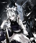  2011 apron belt braid floating floating_object ghostzxt grey grey_eyes izayoi_sakuya knife maid maid_headdress short_hair silver_hair solo touhou twin_braids 