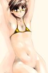  armpits arms_up bad_id bad_pixiv_id bikini bikini_top bottomless brown_eyes brown_hair flat_chest glasses groin hips light_smile micro_bikini mike156 navel persona persona_4 pubic_hair satonaka_chie short_hair solo swimsuit yellow-framed_eyewear 