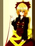  bad_id bad_pixiv_id blonde_hair blush brown_eyes hair_ribbon hati105 kurodani_yamame ponytail red_string ribbon solo string touhou 