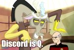  bald crossover discord_(mlp) draconaquis draconequus dragon english_text friendship_is_magic grey_hair hair horn human humor jean-luc_picard male mammal my_little_pony q_(star_trek) smile star_trek star_trek_the_next_generation text uniform yellow_eyes 