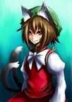  animal_ears brown_eyes brown_hair cat_ears chen earrings jewelry multiple_tails short_hair smile solo tail touhou upper_body ura_(05131) 