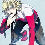  aqua_eyes bad_id bad_pixiv_id barnaby_brooks_jr blonde_hair boots jacket kneeling male_focus necktie no_eyewear red_jacket solo tiger_&amp;_bunny yasuhiro 