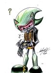  ? black_eyes claws confused food green green_body machine mechanical metal_scourge plain_background red_sclera robot sega sonic_(series) toast toaster white_background wolf_requiem 