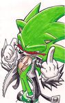  eyewear gloves green green_body hedgehog leather_jacket looking_at_viewer male mammal middle_finger plain_background rampage625 scar scourge_the_hedgehog sega sharp_teeth solo sonic_(series) sunglasses teeth the_finger white_background 