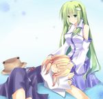  bad_id bad_pixiv_id blonde_hair detached_sleeves frog green_eyes green_hair hair_tubes hat hat_removed headwear_removed kochiya_sanae lap_pillow long_hair mizuki_hau moriya_suwako multiple_girls skirt sleeping smile touhou 