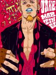  blue_lipstick facial_hair fingerless_gloves gloves goatee jake_martinez lipstick makeup male_focus middle_finger multicolored_hair open_clothes open_shirt shirt solo tegaki tiger_&amp;_bunny 