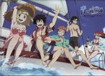  3boys :d ao_no_exorcist barefoot bikini black_hair blonde_hair blue_eyes bottle brothers casual_one-piece_swimsuit floral_print glasses green_eyes hand_on_headwear hat highres kirigakure_shura long_hair male_swimwear mole moriyama_shiemi multicolored_hair multiple_boys multiple_girls non-web_source official_art okumura_rin okumura_yukio one-piece_swimsuit open_mouth pointy_ears scan shima_renzou shirtless short_hair siblings sleeves_rolled_up smile straw_hat swim_trunks swimsuit swimwear yonezawa_masaru 