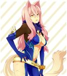  belt bodysuit breasts center_opening cleavage contrapposto enomoto_(luck-by-luck) glasses gloves hair_intakes hand_on_hip large_breasts legs long_hair loose_belt pink_eyes pink_hair presa_(tales) skin_tight smile solo standing tail tales_of_(series) tales_of_xillia thighs 