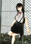  absurdres against_fence areduko backpack bag black_eyes black_hair cityscape fence highres long_hair original pleated_skirt rooftop school_uniform skirt solo standing standing_on_one_leg suspenders 