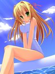  ada_vessalius blonde_hair blush breasts green_eyes hair_ornament hair_ribbon large_breasts long_hair mizutsuki one-piece_swimsuit pandora_hearts ribbon solo swimsuit 