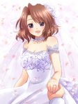  bare_shoulders brown_hair dress hair_ornament holding_hands jewelry maekawa_suu out_of_frame pov pov_hands ring shannon solo_focus strapless strapless_dress umineko_no_naku_koro_ni wedding_dress 