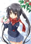  black_hair foreshortening holly k-on! long_hair mittens nakano_azusa open_mouth red_eyes scarf school_uniform snow snow_bunny solo striped striped_scarf twintails umino_tomo 