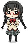  akemi_homura black_eyes black_hair black_legwear bow braid chibi glasses hairband long_hair mahou_shoujo_madoka_magica open_mouth pantyhose prime red-framed_eyewear simple_background solo spoilers standing twin_braids 