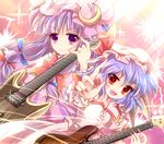  blue_hair crescent enjoy_mix fangs guitar hat instrument long_hair multiple_girls patchouli_knowledge purple_eyes purple_hair red_eyes remilia_scarlet touhou wings 