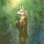  anthro canine clothed clothing eyes_closed hat male mammal matsukitchi solo standing suit wolf 