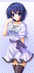  arm_behind_back bangs black_legwear blue_hair blush breasts choker collarbone commentary_request dress eyebrows_visible_through_hair halftone halftone_background looking_at_viewer original purple_eyes ribbon short_hair small_breasts solo standing suien thighhighs 
