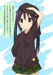  beret black_hair brown_eyes hat highres k-on! k-on!_movie kokumu long_hair nakano_azusa plaid plaid_skirt salute skirt solo translated twintails 