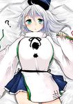  aqua_eyes blue_eyes blush breasts han_(jackpot) hat highres huge_breasts japanese_clothes lying mononobe_no_futo on_back ponytail silver_hair solo sweatdrop tate_eboshi touhou 