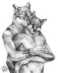  anthro blotch canine couple duo eyes_closed fox gay greyscale hug male mammal monochrome nude plain_background size_difference white_background wolf 