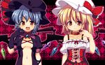  :d alternate_costume bad_id bad_pixiv_id bat_wings blonde_hair blue_hair blush center_opening collar corset dress fang flandre_scarlet gloves hat hat_ribbon looking_at_viewer matatabi_maru midriff multiple_girls open_clothes open_dress open_mouth out-of-frame_censoring purple_dress red_dress red_eyes remilia_scarlet ribbon siblings side_ponytail sisters smile touhou v-shaped_eyebrows wings 