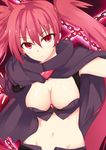  arcana_heart arcana_heart_3 breasts cape chain cleavage highres kurifuto large_breasts long_hair navel red_eyes red_hair scharlachrot solo twintails 