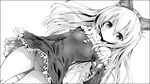  animal_ears bad_id bad_pixiv_id bare_shoulders border dutch_angle elin_(tera) flat_chest greyscale long_hair monochrome noto_kurumi panties pantyshot simple_background solo tera_online underwear upskirt v 