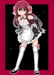  amane_(dream_c_club) bare_shoulders border bow bow_legwear detached_collar detached_sleeves dream_c_club dream_c_club_(series) dress full_body hair_bow long_hair long_sleeves mochi_(circle_rin) puffy_sleeves red_eyes red_hair solo thighhighs white_legwear 