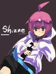  ahoge belt brown_eyes hood hood_down hoodie original purple_hair shirow_(crazy) shizune_tsukinoha_(shirow) short_hair shorts simple_background solo texture 