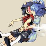  beret blue_dress blue_eyes blue_hair dress hair_ornament hair_rings hair_stick hat hug hug_from_behind jiangshi kaku_seiga miyako_yoshika multiple_girls nakatani_nio ofuda open_mouth outstretched_arms shawl shirt sitting skirt star touhou vest yuri zombie_pose 