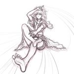  alice_margatroid arm_up barefoot capelet feet foreshortening hands hat highres jewelry kuro_suto_sukii legs monochrome short_hair sketch soles solo string toe_ring toes touhou 