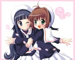  black_hair brown_hair cardcaptor_sakura daidouji_tomoyo green_eyes hat hug kinomoto_sakura long_hair multiple_girls one_eye_closed purple_eyes school_uniform serafuku short_hair sutemo tomoeda_elementary_school_uniform white_hat 