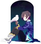  bad_id bad_pixiv_id bird black_hair boots brown_eyes coat dove gloves hand_on_own_knee jude_mathis male_focus night pants sitting sky smile solo star_(sky) starry_sky tales_of_(series) tales_of_xillia umehara 