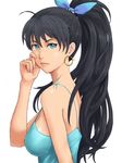  antenna_hair bad_id bad_pixiv_id bare_shoulders black_hair blue_eyes breasts camisole earrings face ganaha_hibiki hair_ribbon hand_on_own_face hoop_earrings idolmaster idolmaster_(classic) jewelry lips long_hair looking_at_viewer medium_breasts ponytail profile ribbon simple_background solo strap_gap tears yorimitsu 