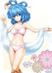  bare_shoulders blue_hair bra hair_ornament hair_rings hair_stick kaku_seiga lingerie mocchi navel panties pink_bra pink_panties pose shawl short_hair simple_background smile solo touhou underwear underwear_only 