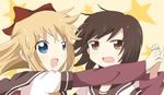  :d :o black_hair blonde_hair blue_eyes bow brown_eyes funami_yui hair_bow holding_hands mii0512 multiple_girls nanamori_school_uniform open_mouth school_uniform serafuku smile sweat sweatdrop toshinou_kyouko v-shaped_eyebrows yuru_yuri 